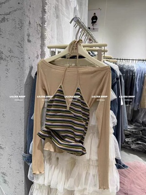 假两件挂脖针织衫女春秋复古条纹拼接修身长袖T恤上衣