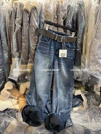 牛仔蓝复合绒高腰阔腿裤牛仔裤女2025冬季百搭显瘦直筒裤