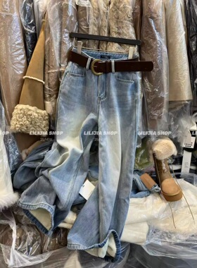 2025秋冬韩版宽松显瘦百搭高腰加绒直筒牛仔裤女阔腿裤