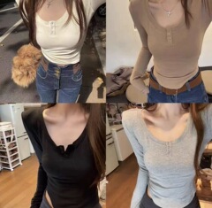 2025秋冬新款韩版时尚百搭修身扣子加绒打底衫女上衣