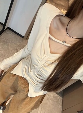 2025秋冬韩版修身显瘦百搭V领褶皱长袖打底衫加绒上衣女