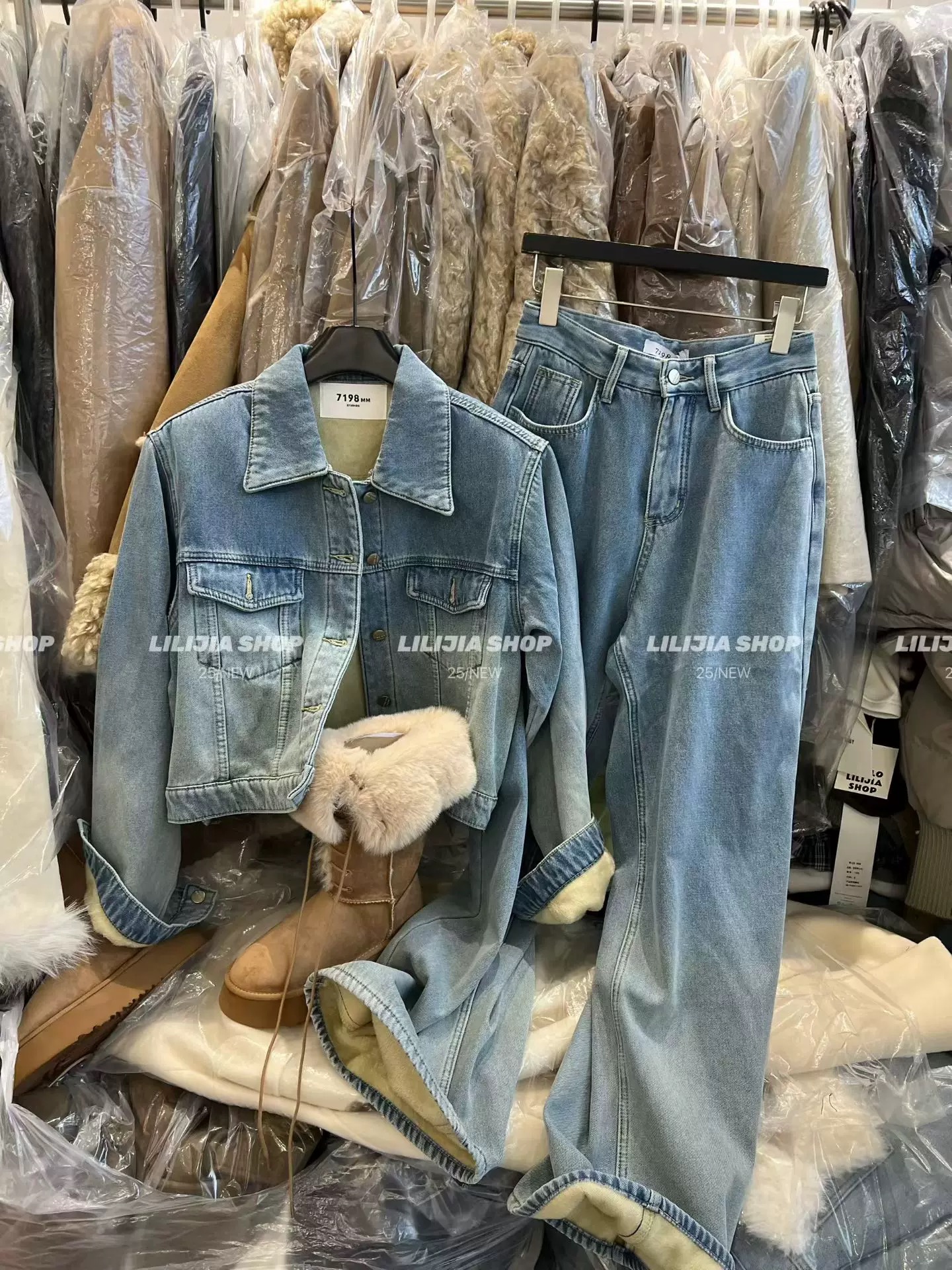 2025冬韩版宽松显瘦百搭翻领加绒牛仔外套+阔腿裤两件套