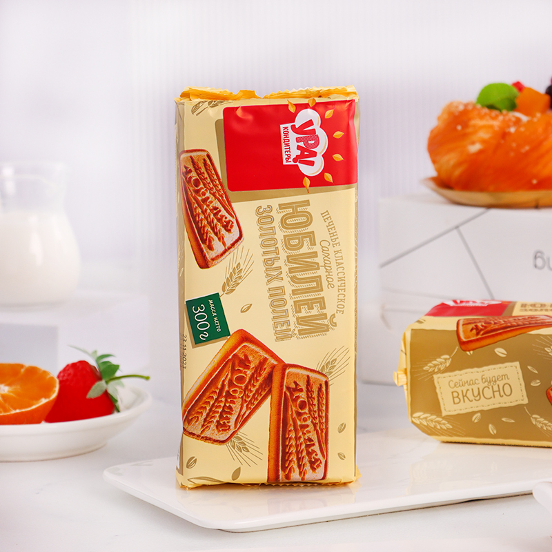 俄罗斯进口饼干烤奶味饼干乌拉牌巧克力味牛奶香早餐薄脆饼干300g