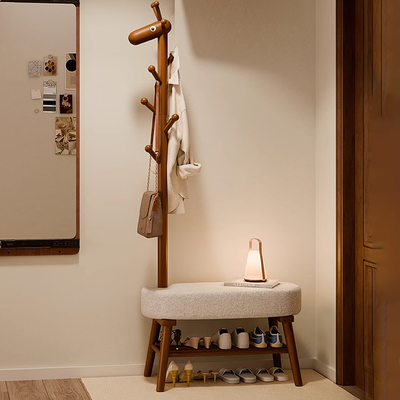 榉木落地立式挂衣架入户门换鞋凳
