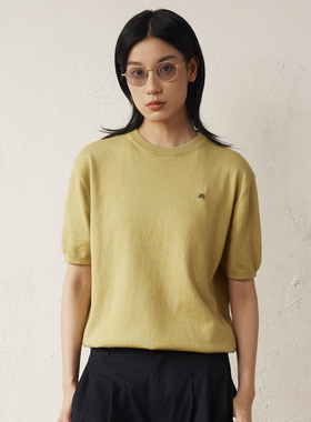 SUPERTOFU老钱风山羊绒混纺吸湿透气 螺纹下摆圆领短袖针织衫SS25