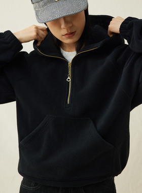 SUPERTOFU 双面摇粒绒 铜色吊坠半拉链 下摆可调节 连帽卫衣 AW25