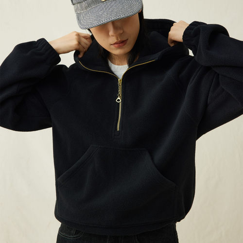 SUPERTOFU 双面摇粒绒 铜色吊坠半拉链 下摆可调节 连帽卫衣 AW25