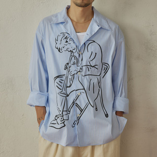 衬衫 SUPERTOFU小号爵士人像 宽松古巴领长袖 竖条纹 AW25 手绘图案