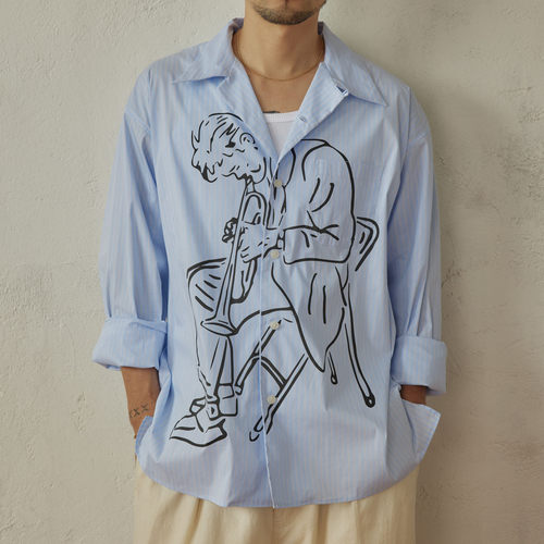 SUPERTOFU小号爵士人像 手绘图案 竖条纹 宽松古巴领长袖衬衫AW25