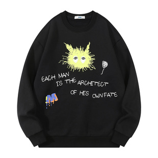 内里加绒涂鸦印花圆领卫衣男秋冬新款宽松长袖上衣服情侣外套上衣