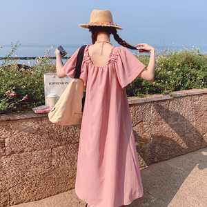 粉色方领飞飞袖连衣裙女夏季2025新款高级感温柔甜美显瘦茶歇裙子图片