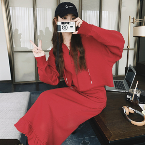 本命年ootd穿搭红色卫衣套装女春秋2025超火休闲运动长裙子两件套图片