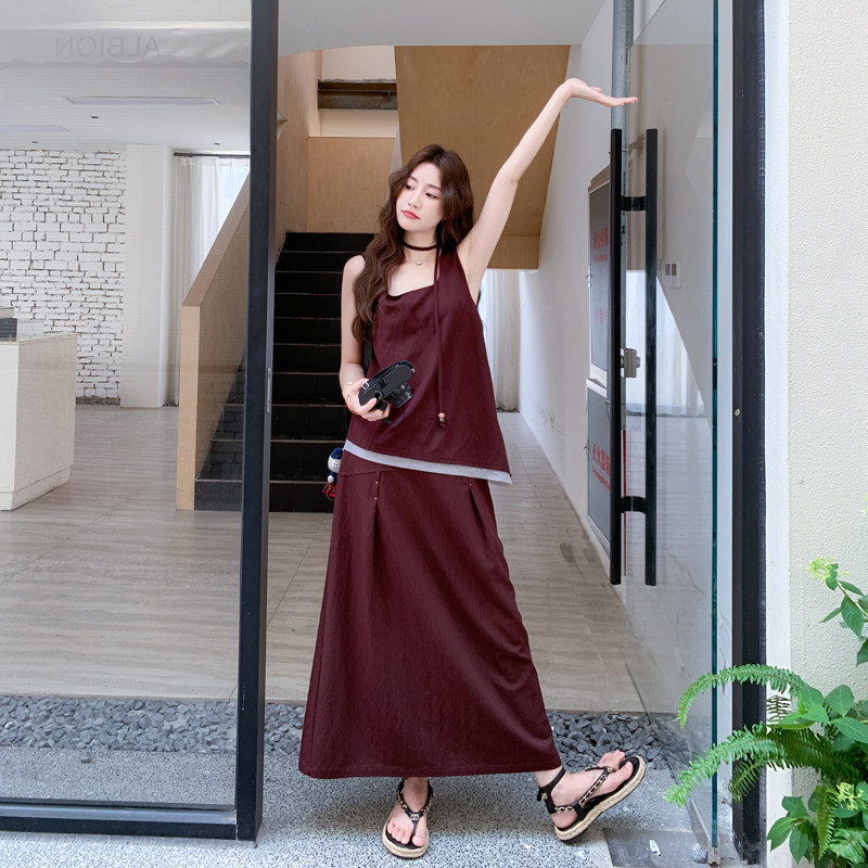轻熟风INS风法式休闲风时尚套装针织复古夏季无袖显瘦气质红色,女装套装/套裙,浙宝225