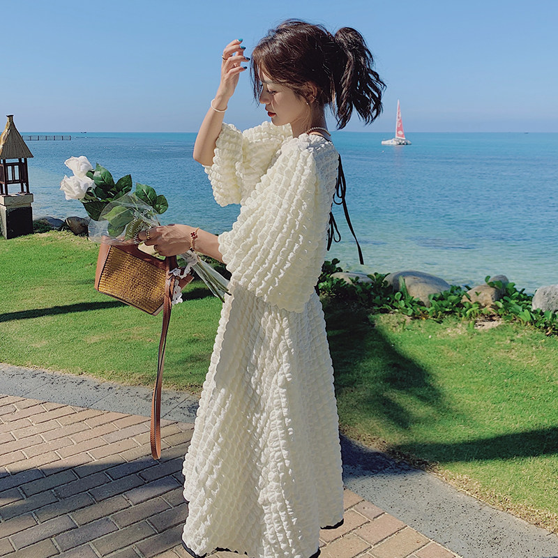 2022夏季新款泡泡格面料白色黑边连衣裙225-6615-P105（控158）,女装连衣裙,浙宝225