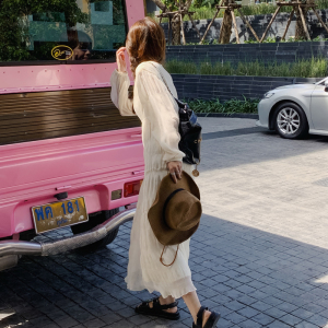 法式宫廷风纯色连衣裙圆领高腰泡泡袖长裙女225-23008-P115控168图片