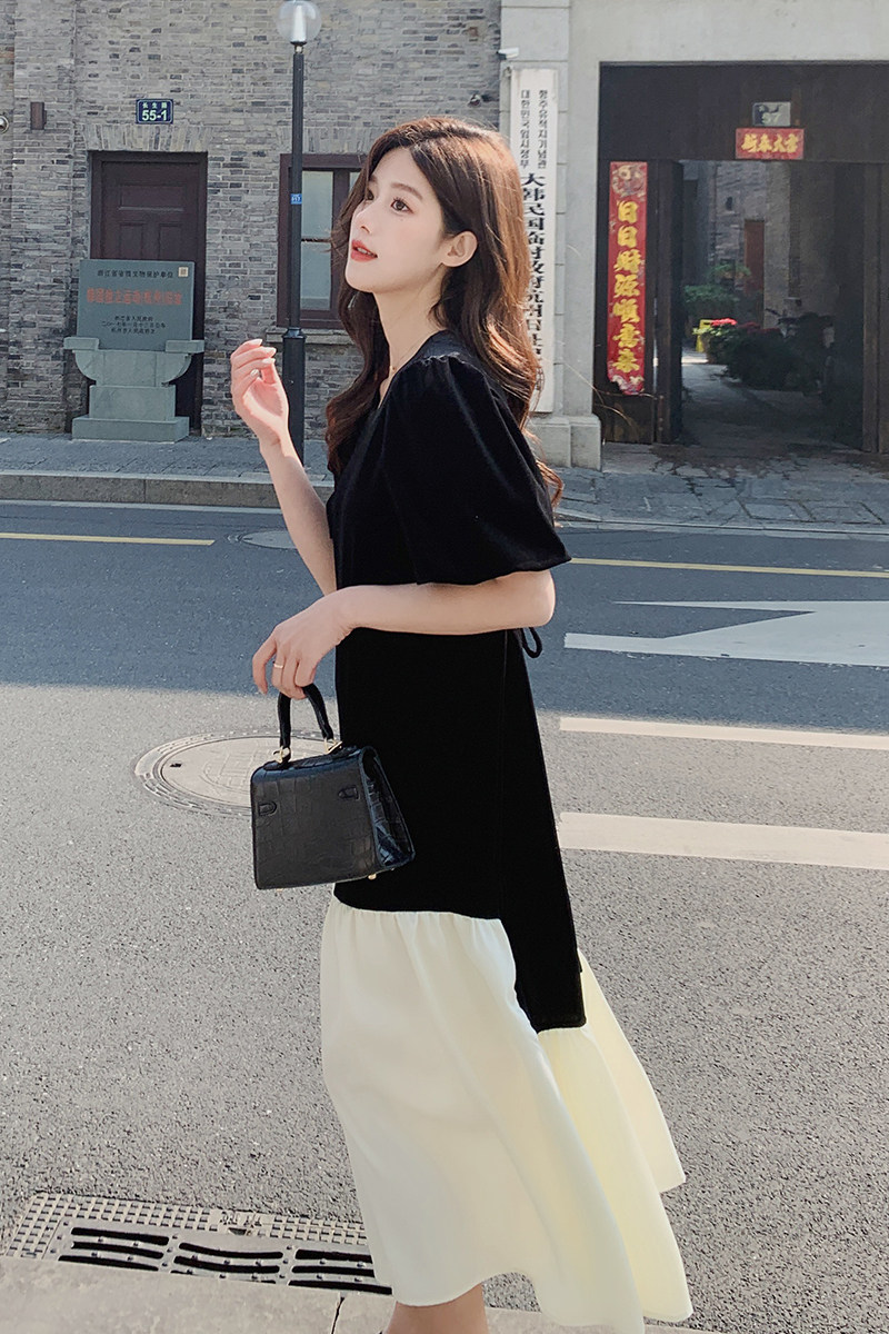 已出2023夏季新丝绒拼接女士连衣裙连衣225-23026-P115（控168）,女装连衣裙,浙宝225