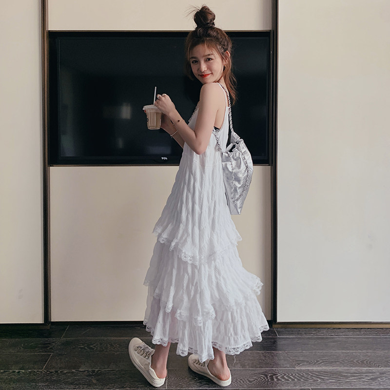 法式白色吊带连衣裙女夏季2025新款超仙甜美纯欲风蕾丝蛋糕连衣裙,女装连衣裙,浙宝225