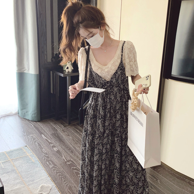 碎花吊带裙连衣裙女夏季2024新款法式复古高腰显瘦高级感长款裙子,女装连衣裙,浙宝225