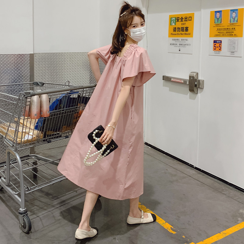 2025夏季新款韩版法式高级感粉色方领连衣裙女宽松显瘦茶歇长裙子,女装连衣裙,浙宝225
