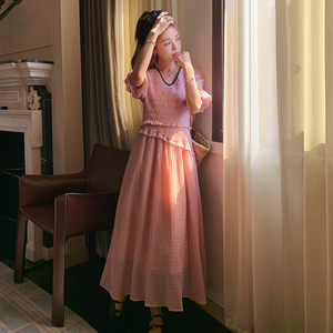 2023夏季新夏季唯美领子黑边连衣裙粉色225-23088-P115（控168）图片