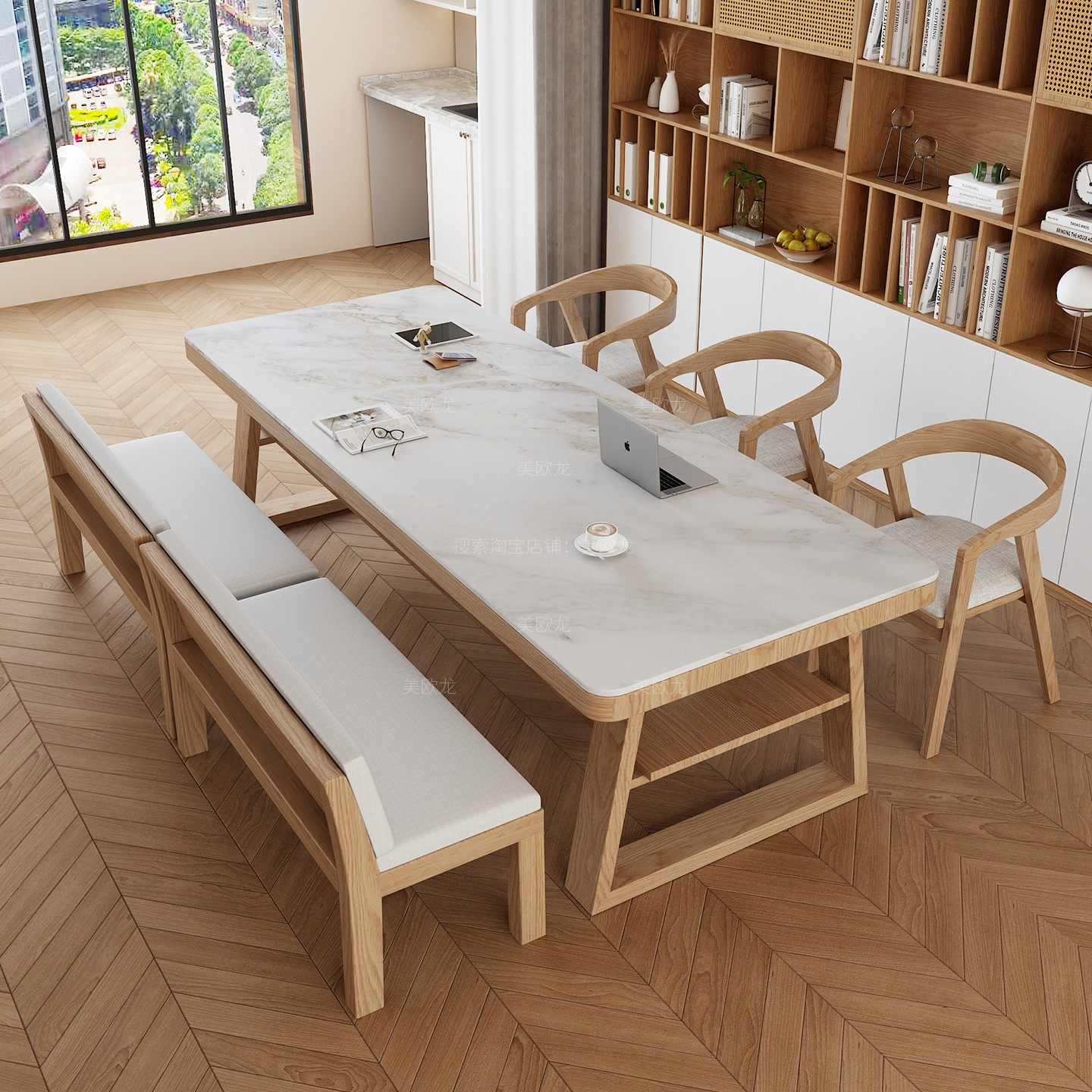 实木岩板书桌餐桌双层书桌