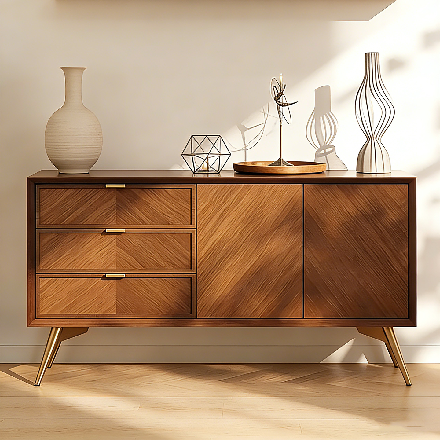 中古风复古餐边柜客厅靠墙玄关柜实木储物柜现代简约鱼骨纹收纳柜