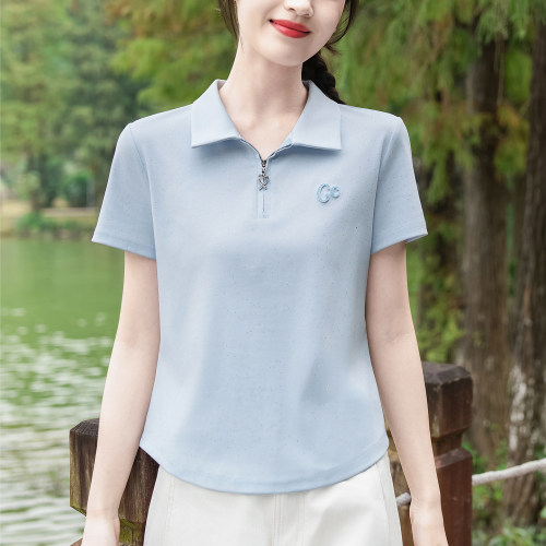 高级感半拉链翻领t恤女夏装短袖