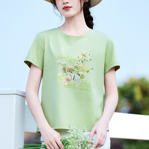 高端纯棉绣花短袖T恤女大码夏装