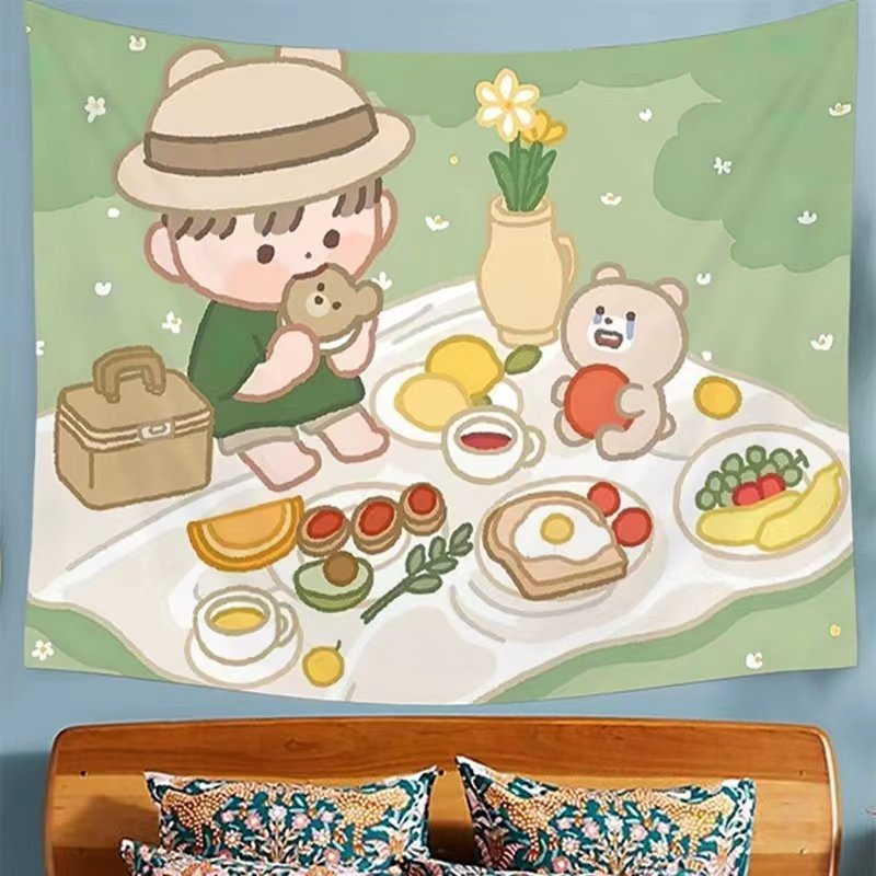 挂毯卡通熊背景布卧室装饰布家居布置水果派对拍摄室内儿童房挂布