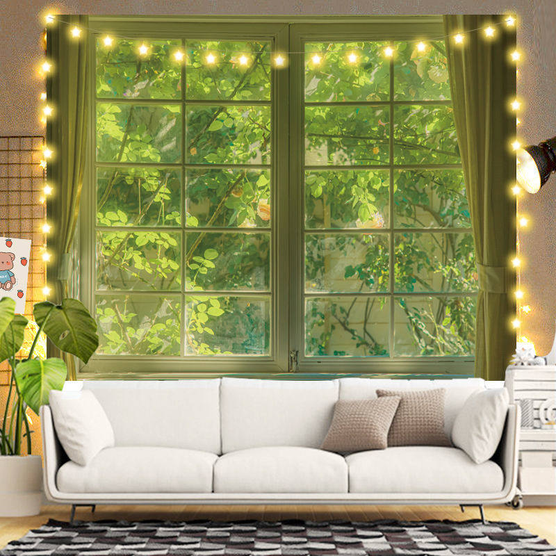 房间装饰背景布窗外绿山挂毯小清新绿色房间北欧风宿舍大改造挂布