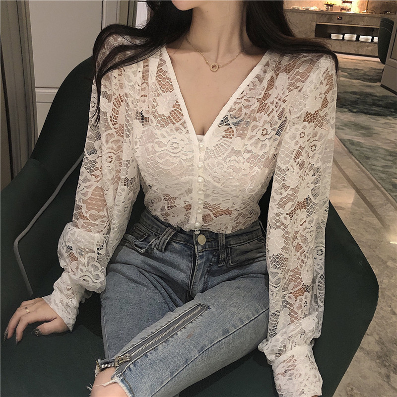 Real price sexy lace cardigan hollow hook flower bubble sleeve top