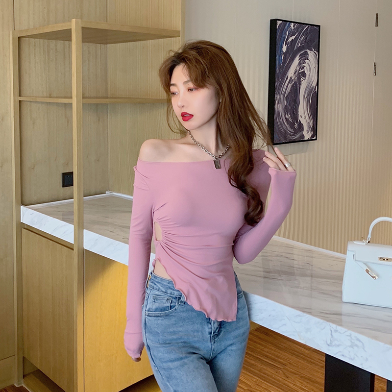 Real price off the shoulder with undercover long sleeve 2021 summer new irregular pleated T-shirt