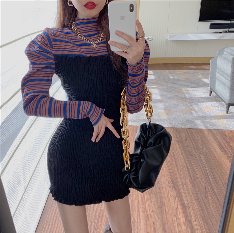 Real price half high collar contrast stripe stitching knitted dress medium length bubble sleeve hip skirt