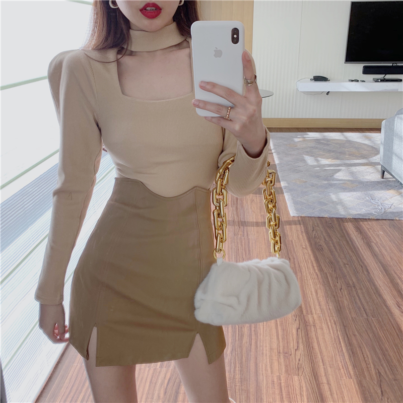 Real shot real price hanging neck square collar top temperament bottoming shirt high waist sexy split buttock skirt