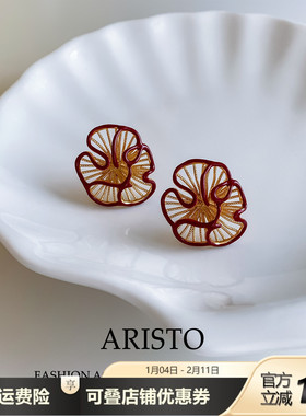 通勤小众设计感复古赤晓红叶耳钉气质日常精致耳坠金属几何女耳饰