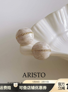 法式复古奶油镂空金条圆球耳钉女小众气质轻奢中古耳饰高级感耳环