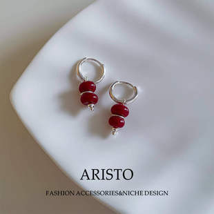 复古双层红豆石银环耳扣小众设计感气质通勤耳圈耳坠精致长款耳饰