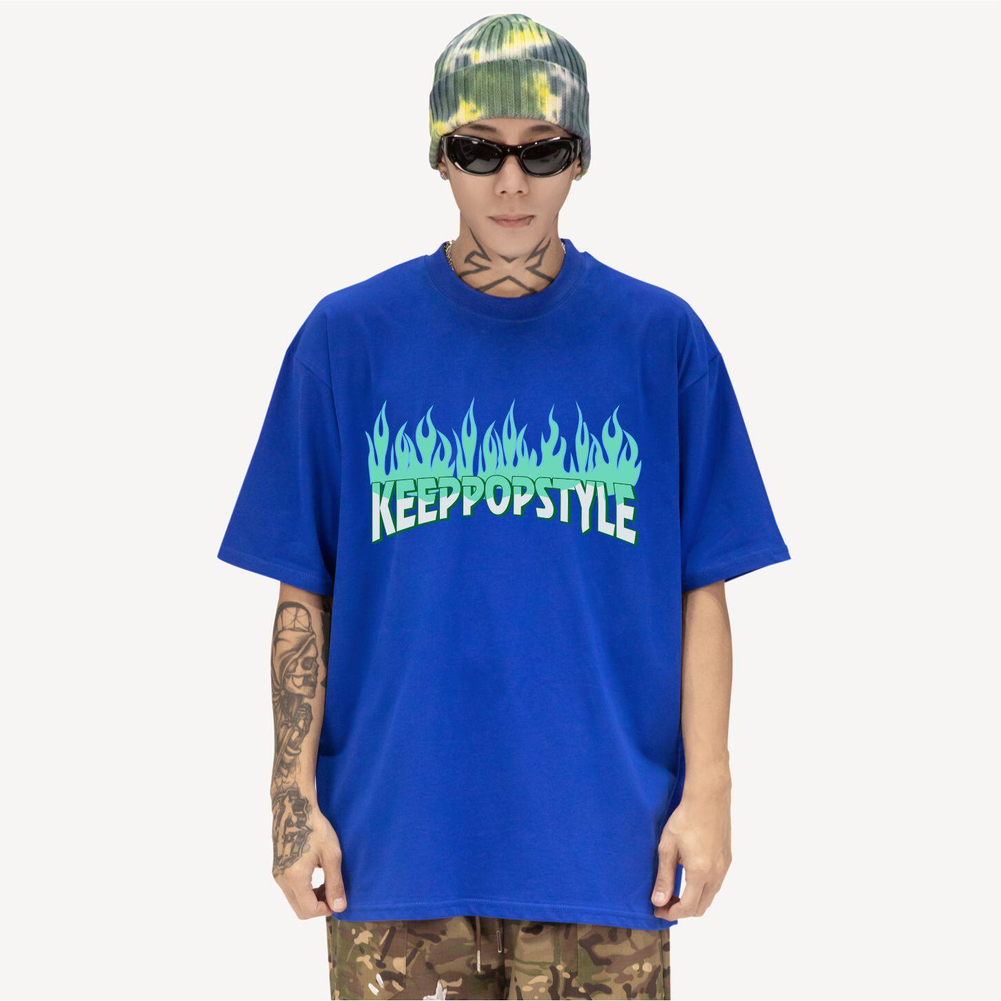 Keeping品牌|KeepPopStyle街舞蓝色火焰款Popping黑白短袖小领口 - 实物图