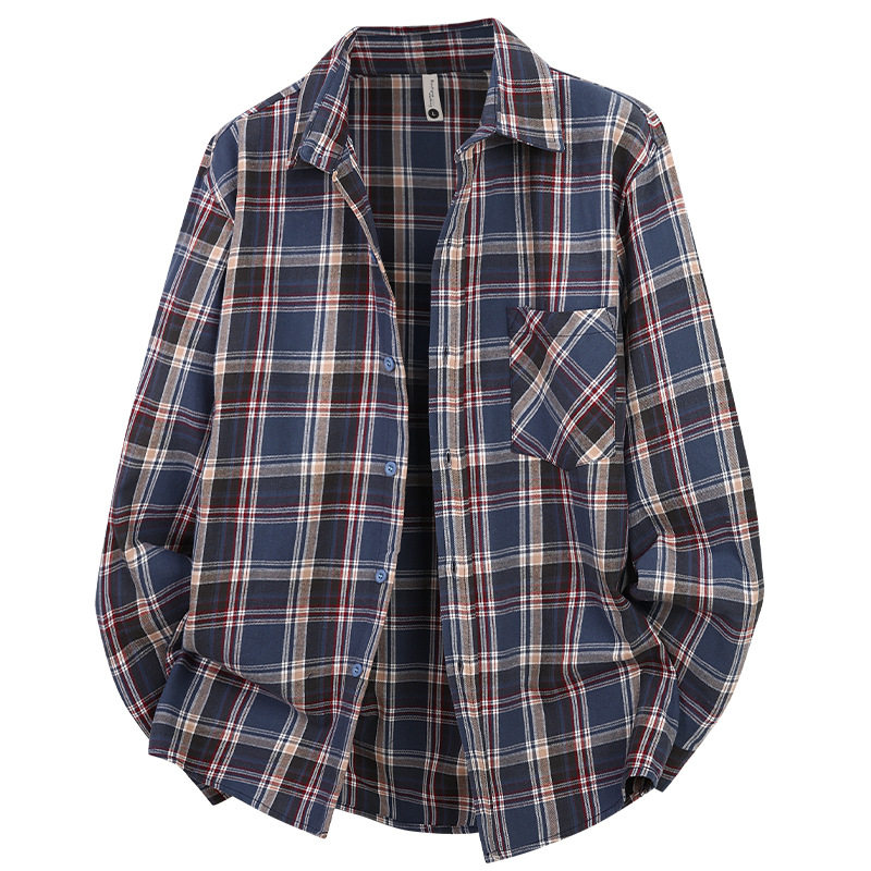 新款春秋纯棉格子衬衫男美式复古休闲风修身显瘦百搭上衣外套薄款