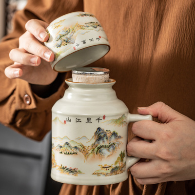 汝窑小暖壶马克杯带盖茶杯创意水杯办公室大容量焖泡茶杯喝水杯子