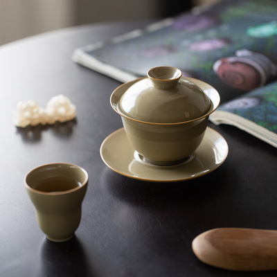 定窑黄君子盖碗手工浮雕岁寒三才盖碗功夫茶具八方杯泡茶碗沏茶碗