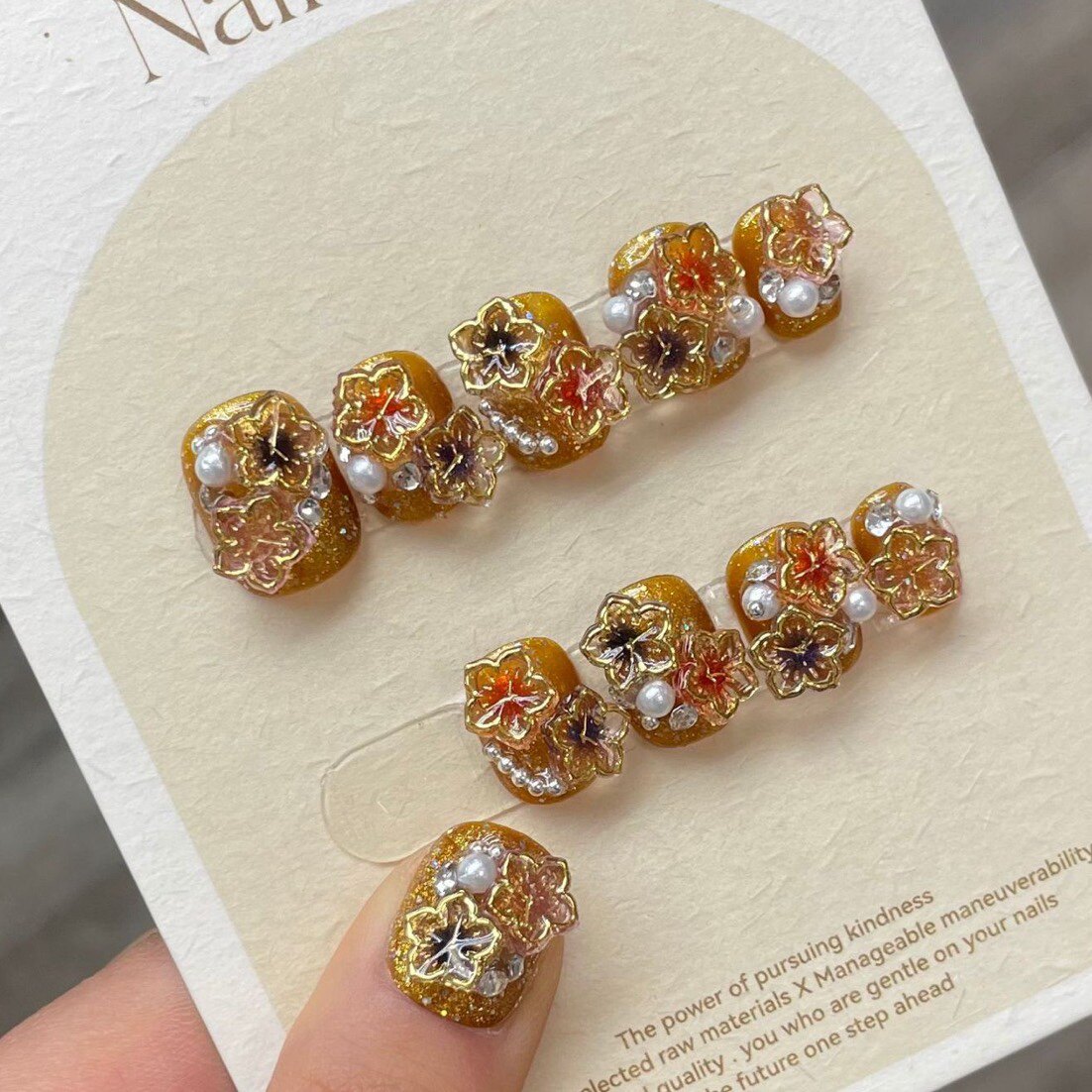 时来运转樱花金边烫金琉璃花花立体花瓣假指甲纯手工美甲成品美甲