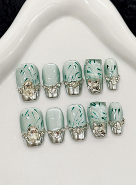 青梅竹马纯手工穿戴甲绿色猫眼贴钻仙气显白满钻椭圆美甲贴片甲女