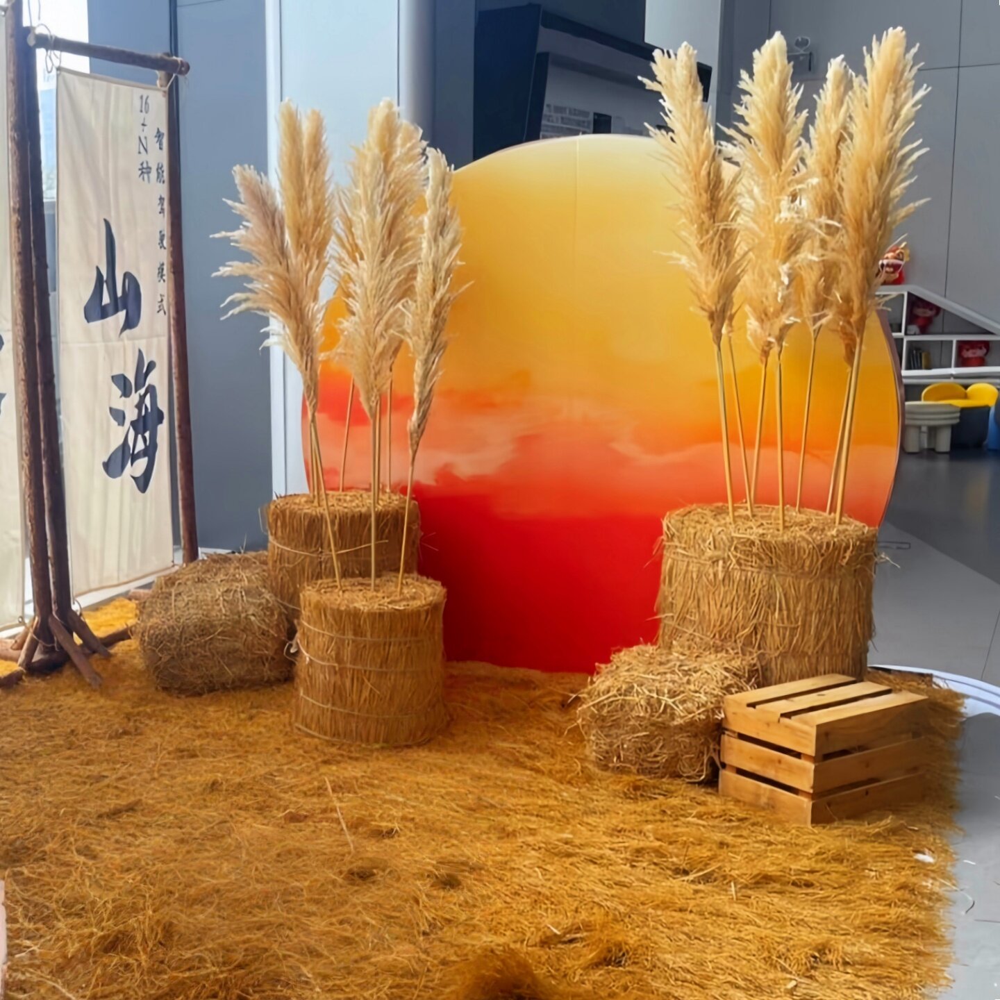稻草干草美拉德秋日装扮场景布置店铺装潢草垛芦苇秋冬氛围背景