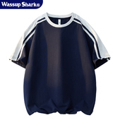 Wassup 休闲宽松上衣体恤潮 t恤男女夏季 Shark纯棉插肩袖 条纹短袖
