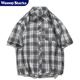 Wassup 轻薄透气休闲宽松衬衣潮 男夏季 Shark日系格子条纹短袖 衬衫