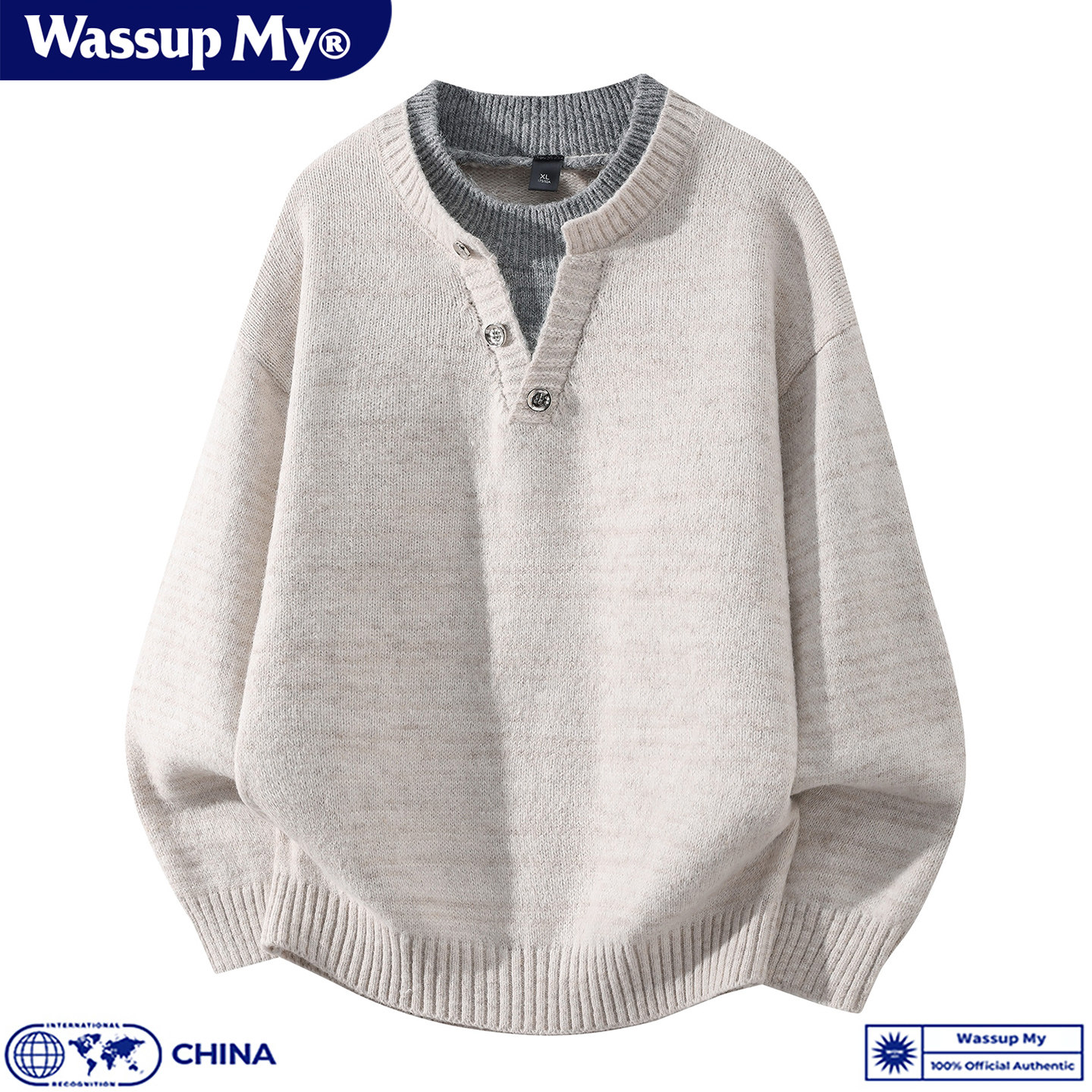 WASSUP MY假两件圆领套头毛衣男秋季慵懒风休闲宽松保暖针织衫潮
