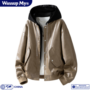 WASSUP MY假两件连帽皮衣夹克男秋季潮流帅气百搭痞帅机车风外套