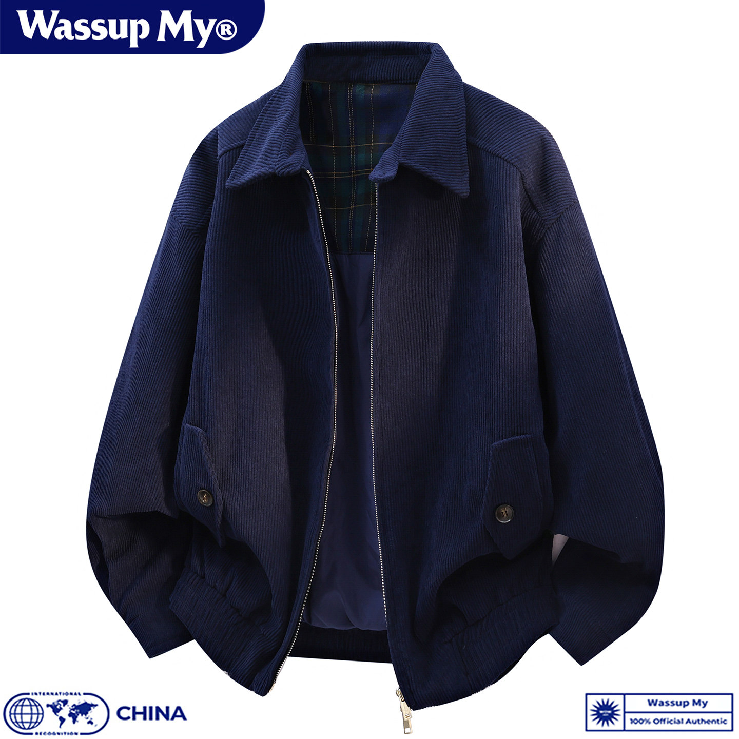 WASSUP MY美式复古灯芯绒翻领夹克男装秋季休闲宽松拉链工装外套
