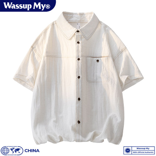 WASSUP MY亚麻短袖衬衫男女夏季潮流宽松休闲百搭透气衬衣
